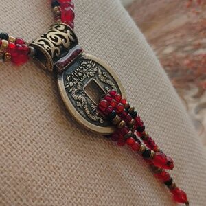 Handmade Red Beaded Multi-Strand Necklace with Gold Accents